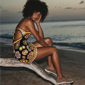 Free People Sand Bar Bodysuit Boho Crochet Mini Dress Black Combo Size Small